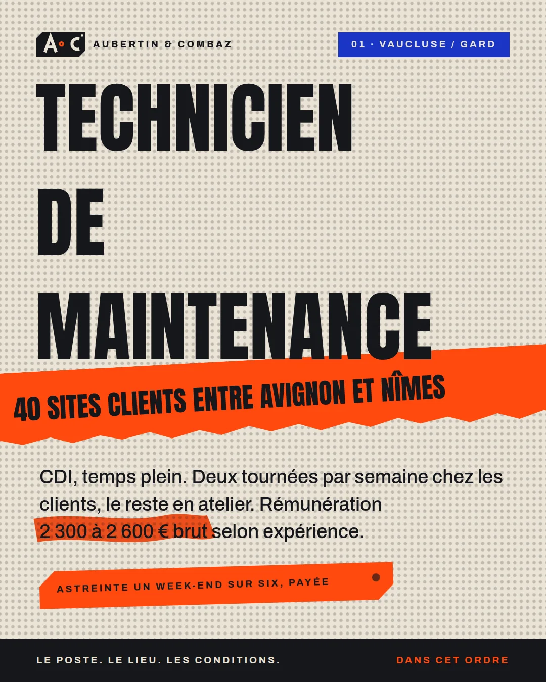 Slide 1, le poste et le lieu, sans jamais dire nous recrutons