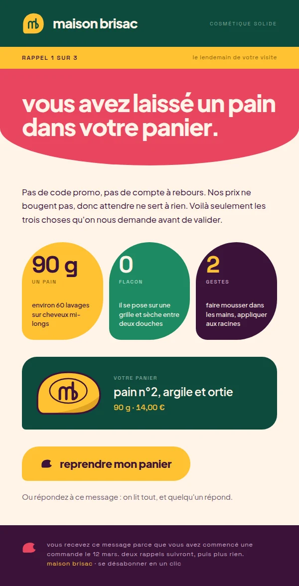 Email 1 sur 3, à J+1 : il rappelle, il ne vend pas