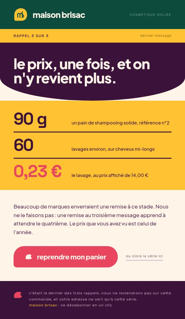 Email 3 sur 3, à J+9 : le prix une seule fois, en coût par lavage