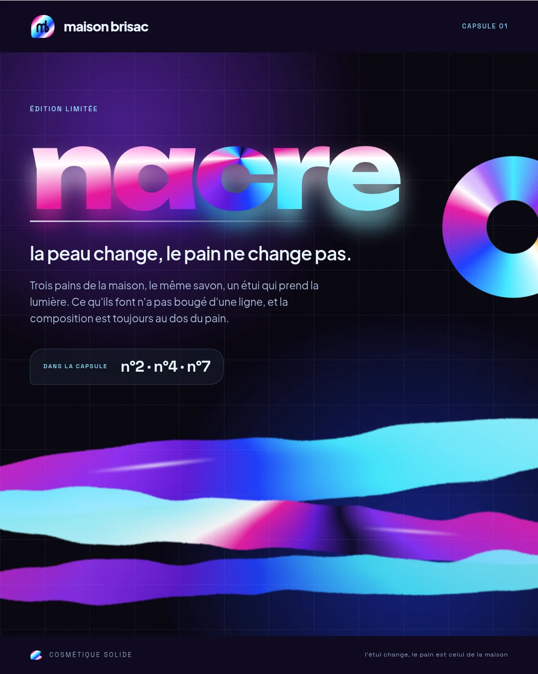 Capsule nacre, couverture : chrome, disque irisé, rubans déformés
