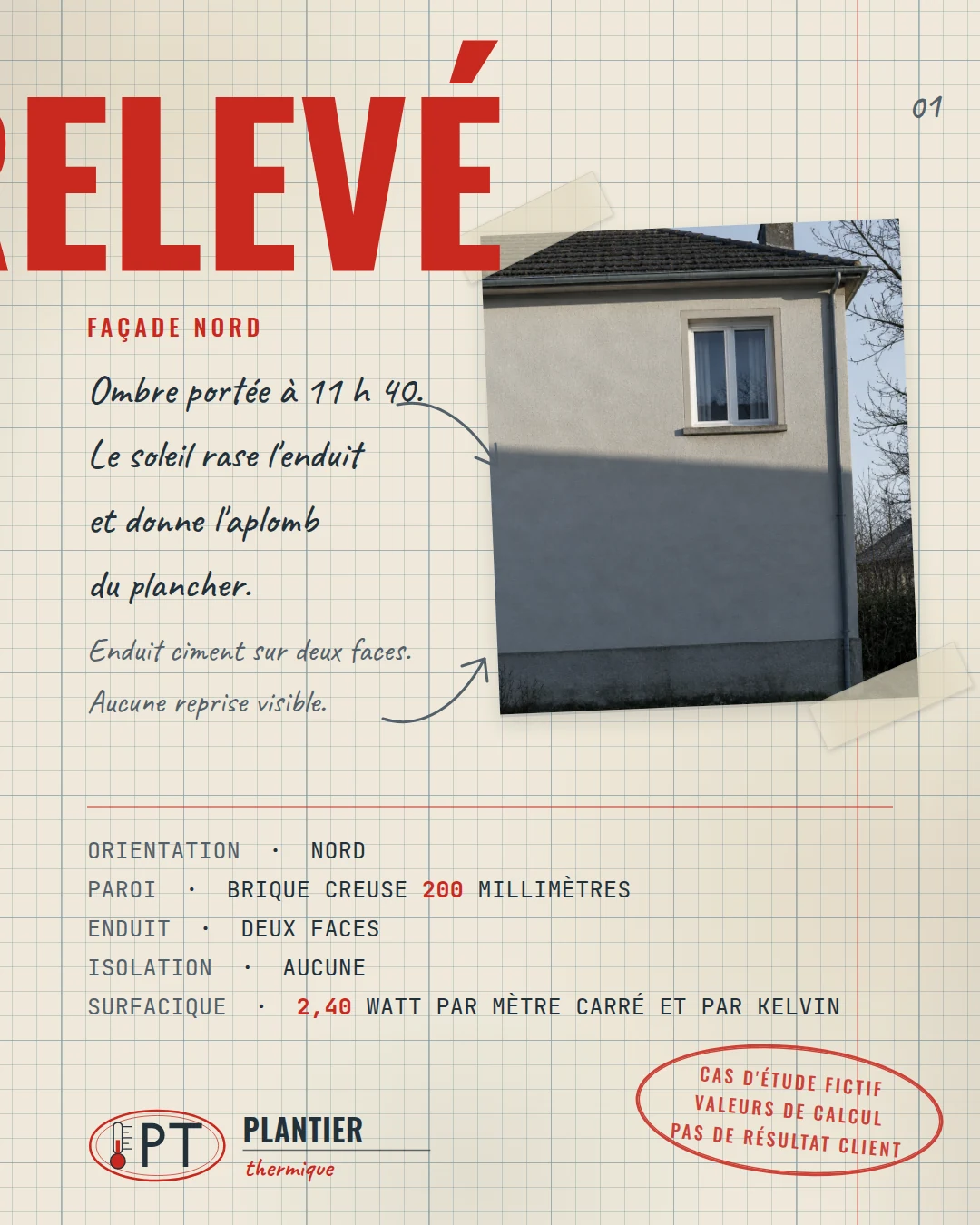 Page de relevé : la vue collée, l'ombre annotée, le relevé en chiffres tabulaires