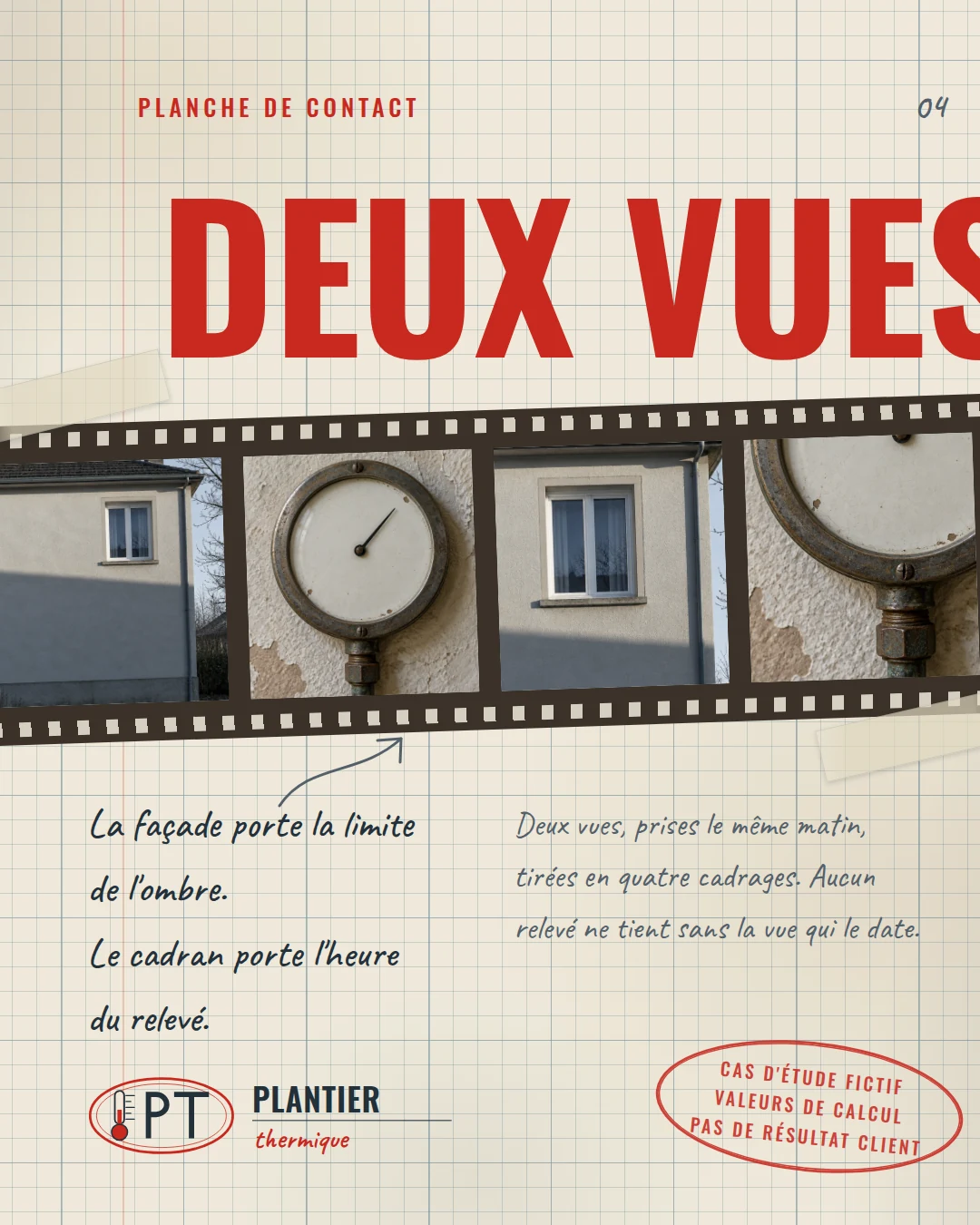 Planche de contact : la pellicule traverse la page, deux vues en quatre cadrages